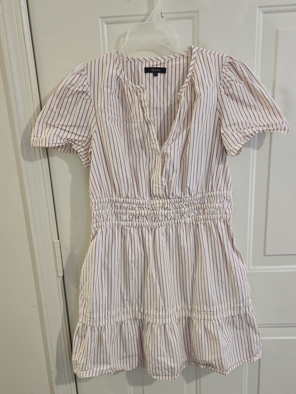 Quince Organic Cotton Striped Smocked Mini Dress Puff Sleeves Tiered Ruffle Hem